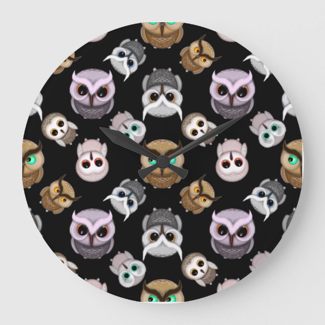 Cute Owl Illustrations over Black Background Large Clock (Front)
