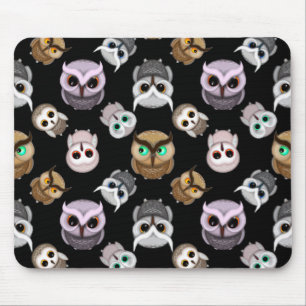 Cute Owl Illustrations over Black Background Mouse Mat