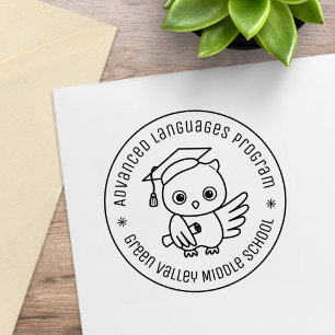 Cute Owl in a Graduation Hat Round Text Rubber Stamp