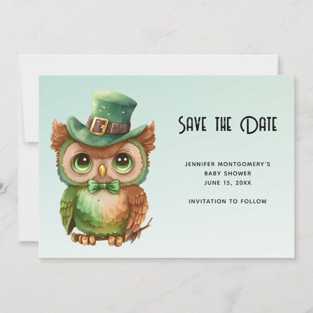 Cute Owl in a Green Top Hat Baby Shower Save The Date (Front)