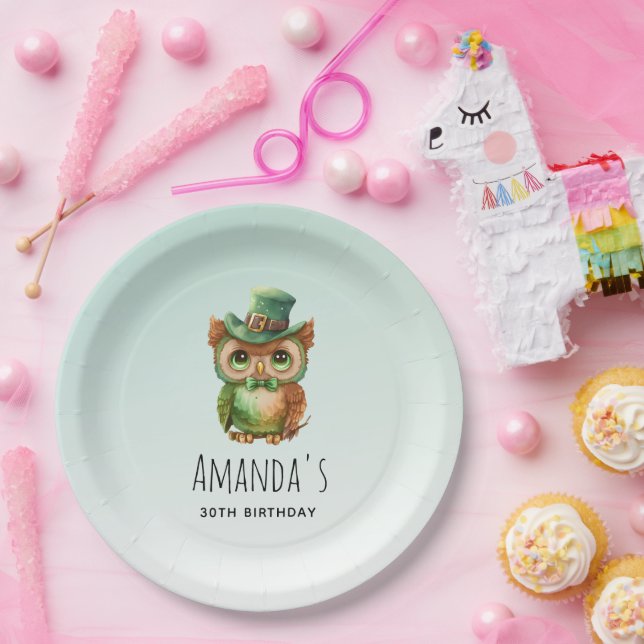 Cute Owl in a Green Top Hat Birthday Paper Plate (Party)
