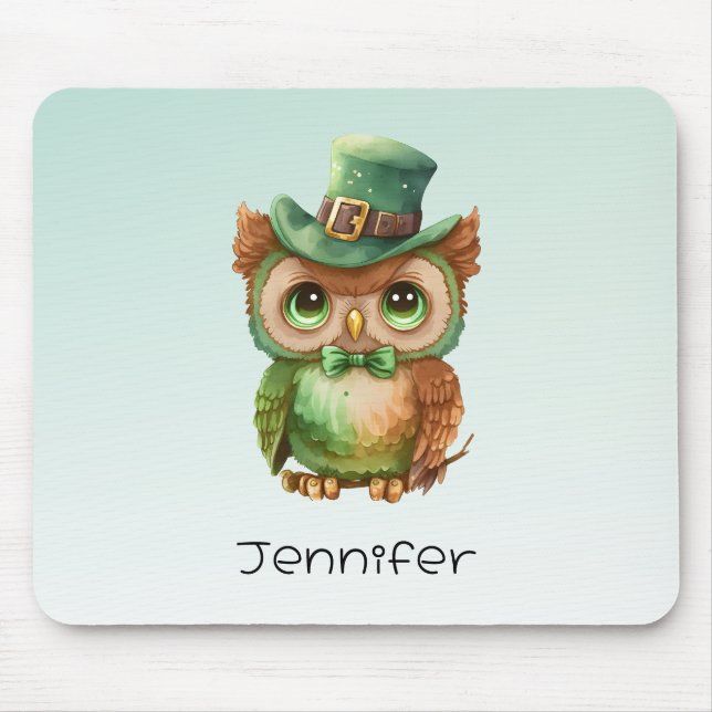 Cute Owl in a Green Top Hat Mouse Mat (Front)