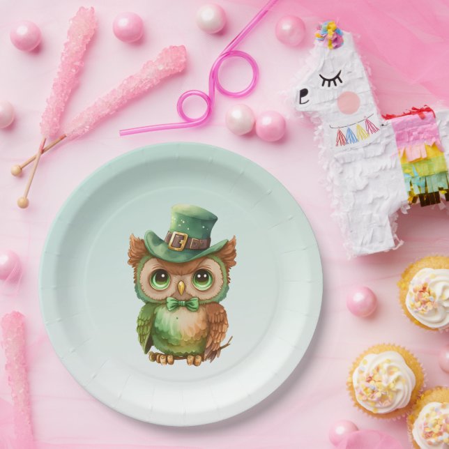 Cute Owl in a Green Top Hat Paper Plate (Party)