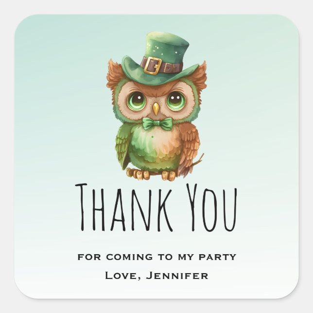 Cute Owl in a Green Top Hat Party Thank You Square Sticker (Front)