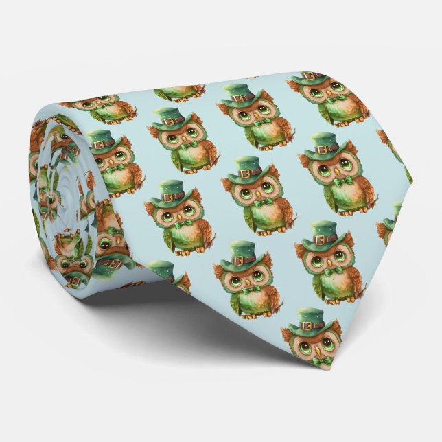  Cute Owl in a Green Top Hat Pattern Tie (Rolled)