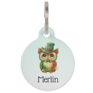 Cute Owl in a Green Top Hat Pet Tag