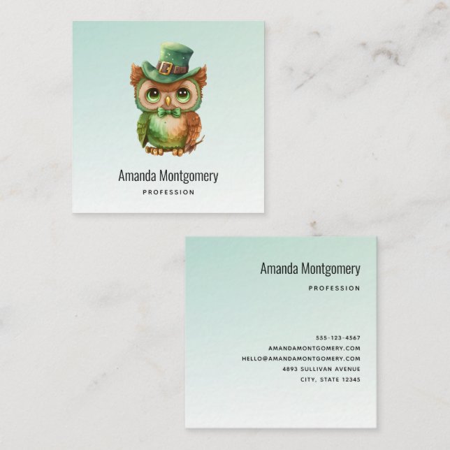 Cute Owl in a Green Top Hat Square Business Card (Front/Back)