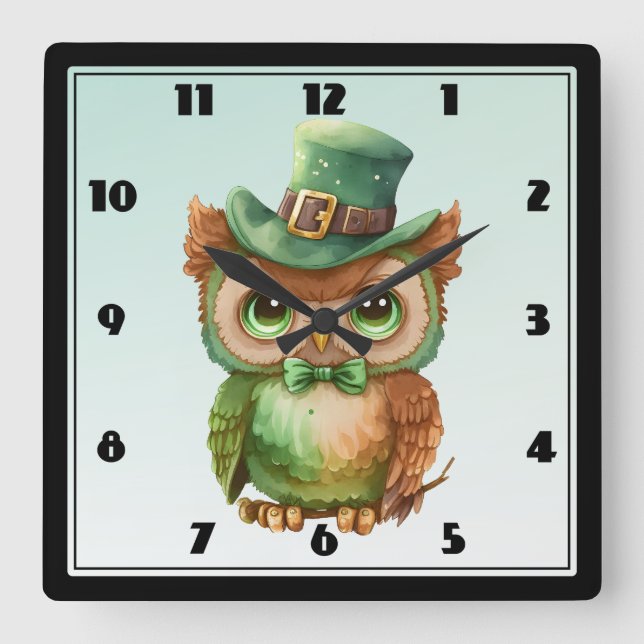Cute Owl in a Green Top Hat Square Wall Clock (Front)