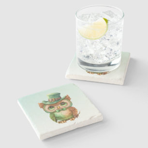 Cute Owl in a Green Top Hat Stone Coaster