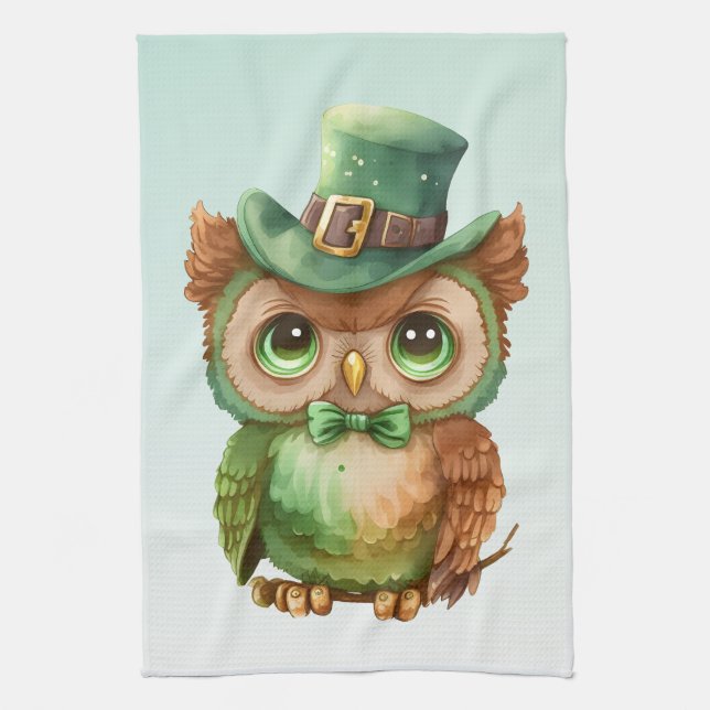 Cute Owl in a Green Top Hat Tea Towel (Vertical)