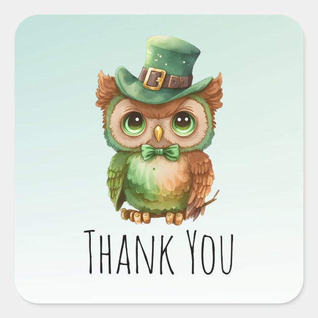 Cute Owl in a Green Top Hat Thank You Square Sticker (Front)