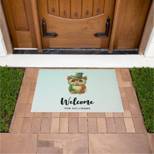 Cute Owl in a Green Top Hat Welcome Doormat