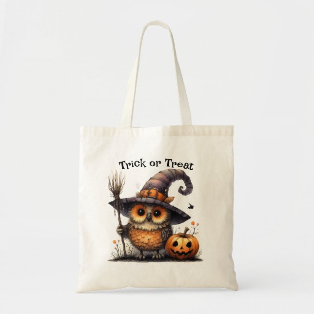 Cute Owl in a Witch's Hat Halloween Trick or Treat Tote Bag (Front)