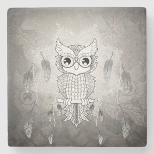 Cute owl in black and white, mandala design stone coaster