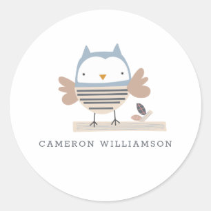 Cute Owl in Blue Personalised Stationery Classic Round Sticker