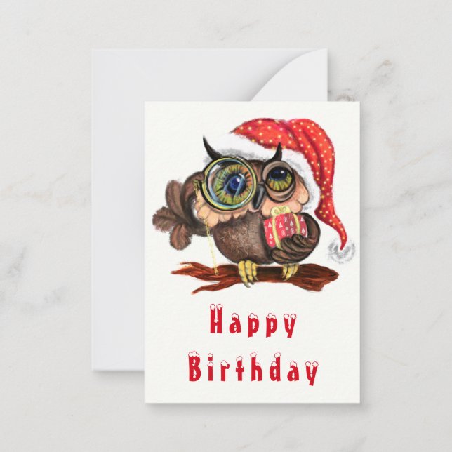 Cute Owl In Christmas Hat and Gift Birthday Card (Back)