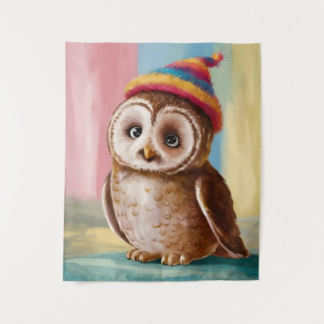 Cute Owl in Colourful Beanie Tapestry (Front)
