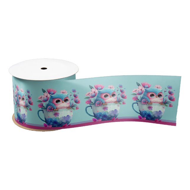Cute owl in cup flowers on blue background satin ribbon (Spool)