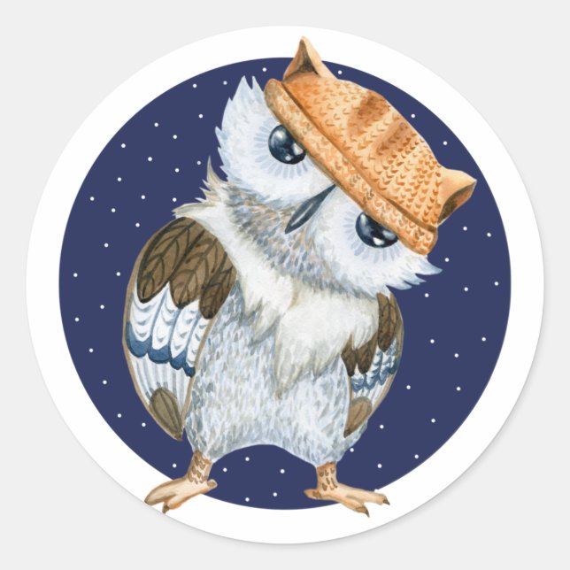 Cute Owl in Hat Classic Round Sticker (Front)