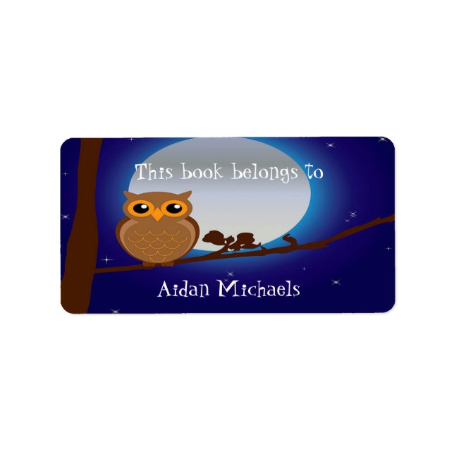 Cute owl in tree a blue night with moon bookplate label (Front)
