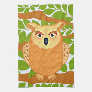 Cute Owl In Tree With Green Leaves Tea Towel