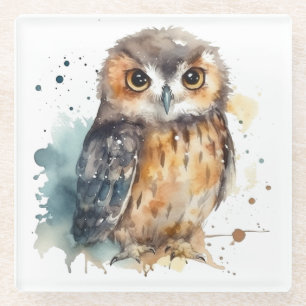 Cute owl in water colour glass coaster