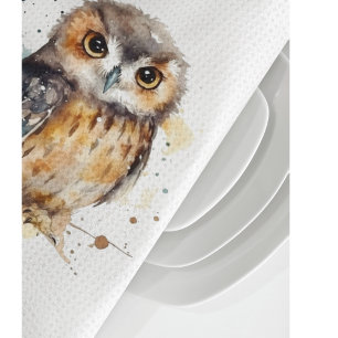 Cute owl in watercolor, customisable tea towel