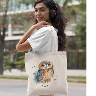Cute owl in watercolor, customisable tote bag