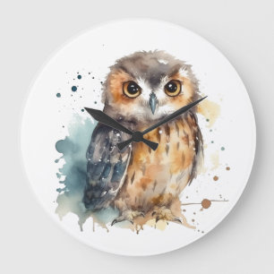 Cute owl in watercolor large clock