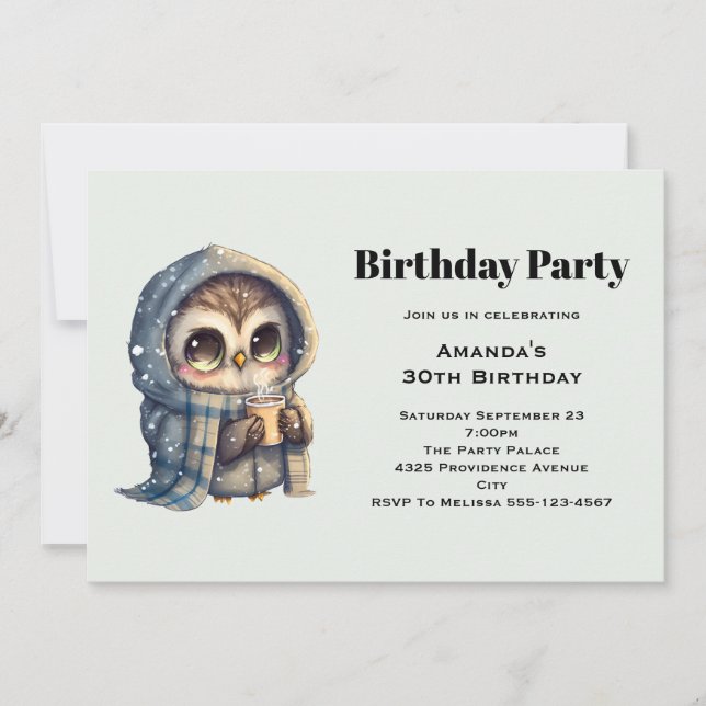 Cute Owl in Winter with Coffee Birthday Invitation (Front)