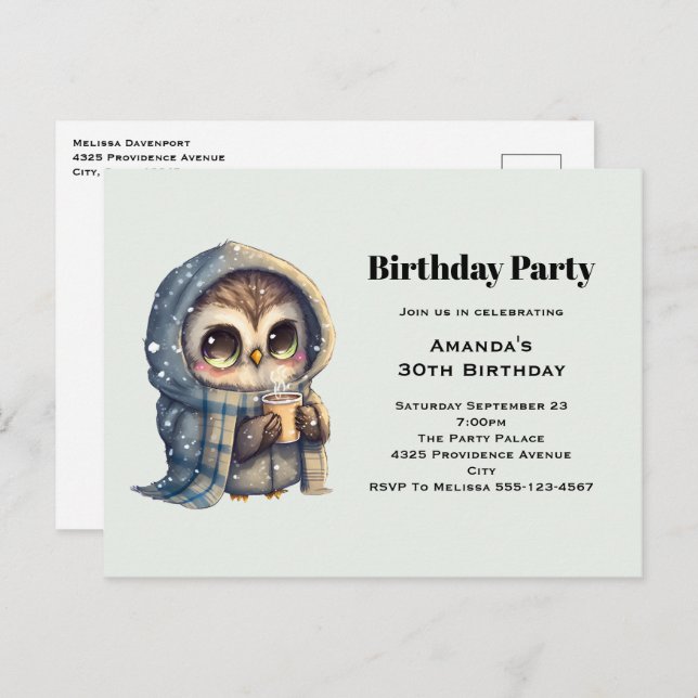 Cute Owl in Winter with Coffee Birthday Party Postcard (Front/Back)