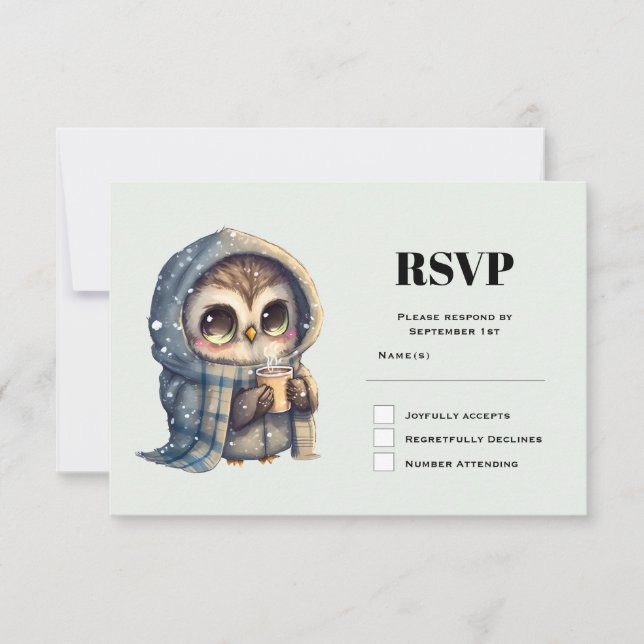 Cute Owl in Winter with Coffee RSVP Card (Front)
