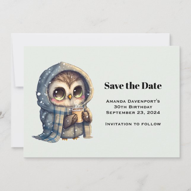 Cute Owl in Winter with Coffee Save The Date (Front)
