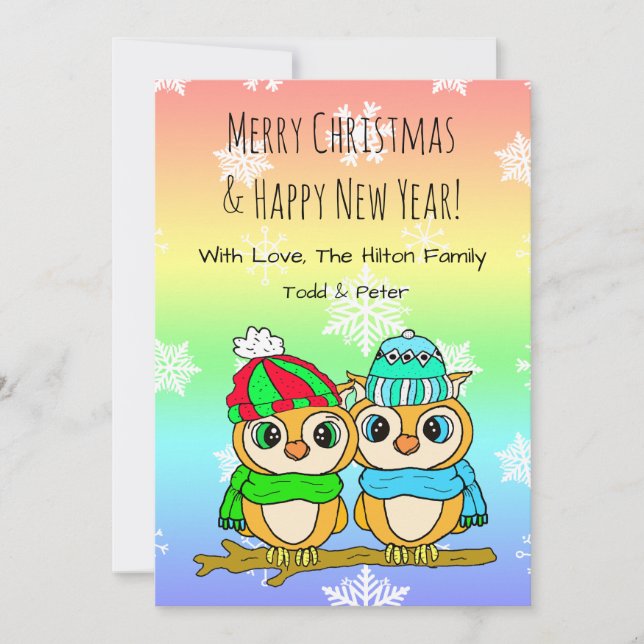 Cute Owl LGBT Couple on Tree Branch Christmas Holiday Card (Front)