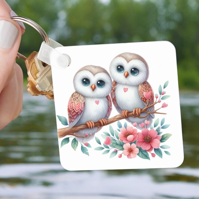 Cute Owl Love Cartoon Woodland Nature Lover Floral Key Ring (Creator Uploaded)