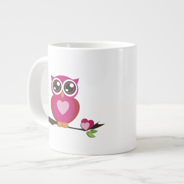 Cute Owl Love Hearts Fine Vector Art Large Coffee Mug (Front Left)
