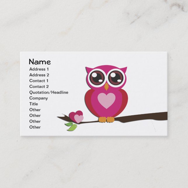 Cute Owl Love Hearts Girly Retro Business Card (Front)