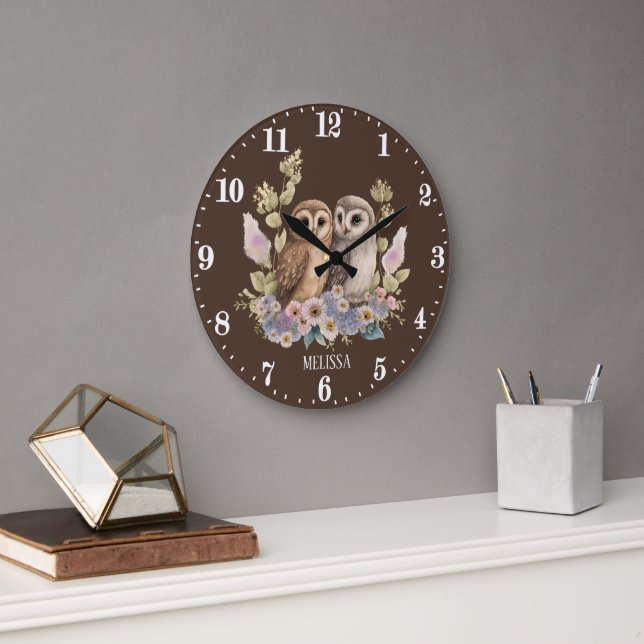 Cute owl lovers add name large clock (Office)