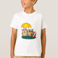 Cute Owl Lovers w/ Umbrella and Red Chocolate Box