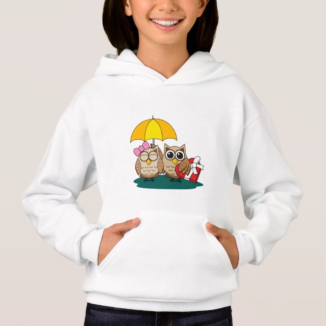 Cute Owl Lovers w/ Umbrella & Red Chocolate Box (Front)