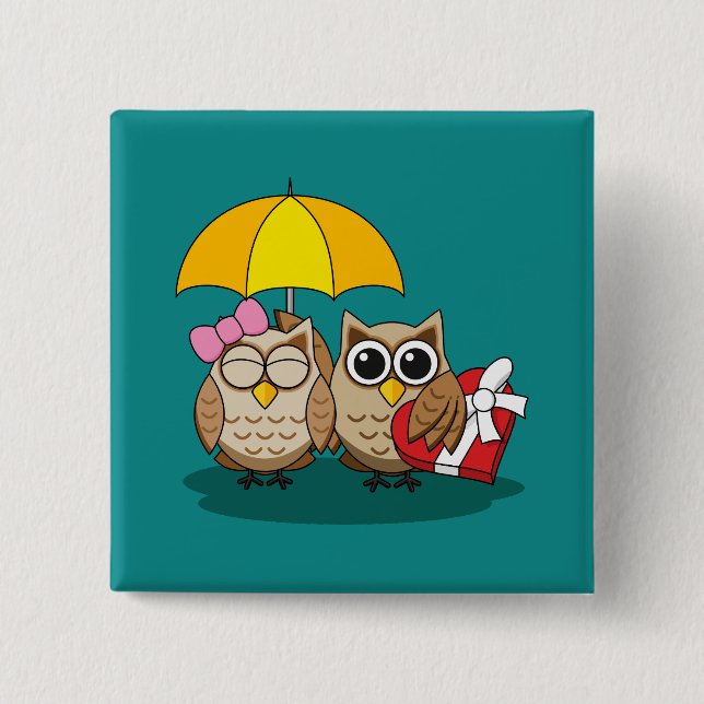 Cute Owl Lovers w/ Umbrella & Red Chocolate Box 15 Cm Square Badge (Front)