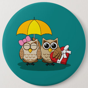 Cute Owl Lovers w/ Umbrella & Red Chocolate Box 6 Cm Round Badge