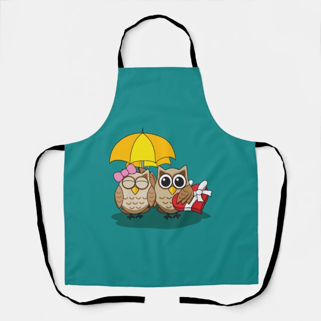 Cute Owl Lovers w/ Umbrella & Red Chocolate Box Apron (Front)