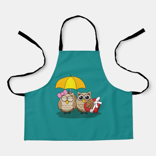 Cute Owl Lovers w/ Umbrella & Red Chocolate Box Apron (Front)