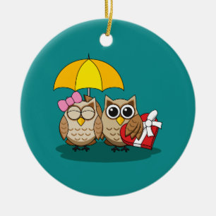 Cute Owl Lovers w/ Umbrella & Red Chocolate Box Ceramic Tree Decoration