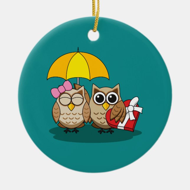Cute Owl Lovers w/ Umbrella & Red Chocolate Box Ceramic Tree Decoration (Front)