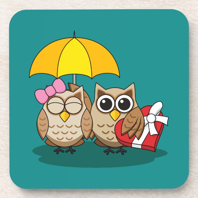 Cute Owl Lovers w/ Umbrella & Red Chocolate Box Coaster (Front)