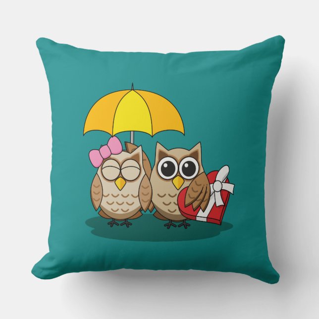 Cute Owl Lovers w/ Umbrella & Red Chocolate Box Cushion (Front)