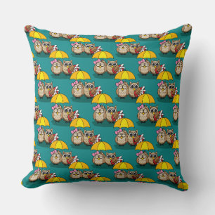 Cute Owl Lovers w/ Umbrella & Red Chocolate Box Cushion