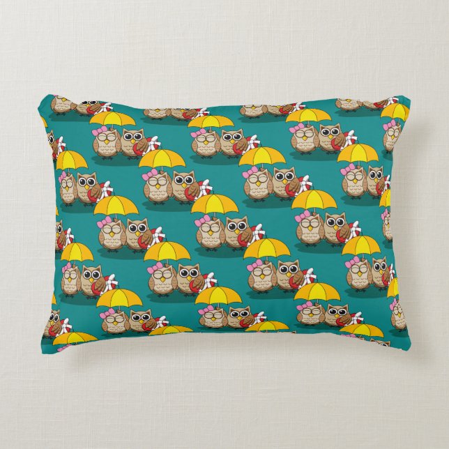 Cute Owl Lovers w/ Umbrella & Red Chocolate Box Decorative Cushion (Front)